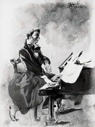 O compositor e pianista Frederic Chopin tocando piano, de Albert Besnard (1849-1934), aguarela