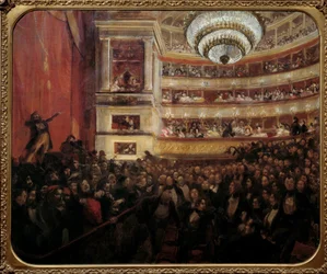 Estreia da peça "Hernani" de Victor Hugo (1802-1885) na Comedie Francaise, em 25/02/1830. Pintura de Paul Albert Besnard (1849-1934) Sol do século XIX. 1,05x1,22 m Paris, casa Victor Hugo