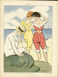 Ilustração de Paul Balluriau (1860-1917) em Le Rire, 01/08/08 - Praias - Lazer, Amor, Moda, Marinha de Mar, Roupa de Banho