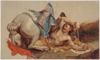 Estudo de um cavalo e cavaleiro caídos, segundo Le Brun (óleo sobre papel)