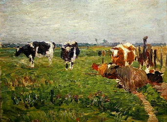 Uma paisagem de planície de Verão com vacas (óleo sobre tela)