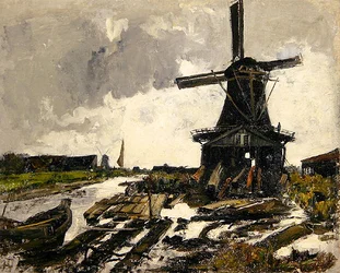 Holland, A Canal Landscape with a Wood Saw Windmill, c.1885 (óleo sobre tela)