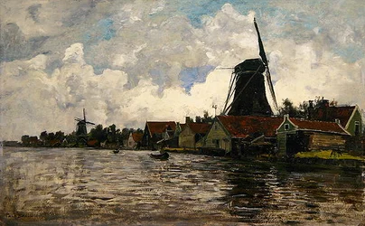 Holanda, Paisagem do Rio com dois moinhos de vento (óleo sobre madeira)
