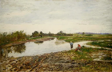 Paisagem com três figuras (óleo sobre madeira)