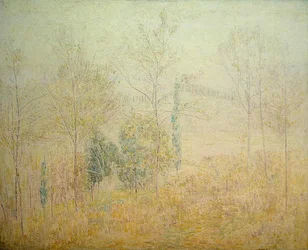 Paisagem toscana no início da Primavera com choupos verdes (óleo sobre tela)