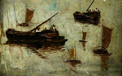 Duas Barcaças e Quatro Pequenos Barcos à Vela na Água (óleo sobre tela)