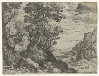 Paisagem de montanha com ermitão orante