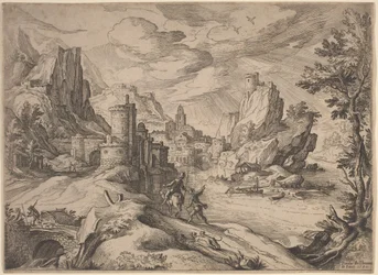 Paisagem fluvial com viajantes