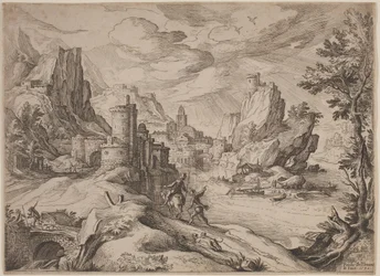 Paisagem fluvial com viajantes