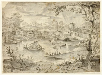 Vista da cidade com barco de pesca em primeiro plano