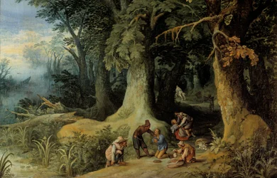 Ataque de armas num bosque Um grupo de bandidos de auto-estrada. Pintura de Paul Bril (Brill) (1554-1626)