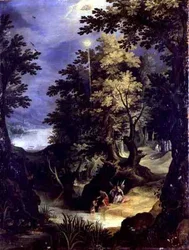Paisagem representando o Batismo de Cristo e o Sermão do Batismo (óleo sobre painel)