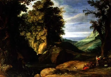 Paisagem com Travellers, c.1610-15 (óleo sobre tela)