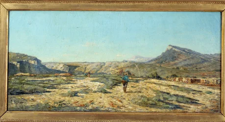 As colinas de Allauch Um caminhante em uma paisagem da Provença. Pintura de Paul Camille Guigou (1834-1871)