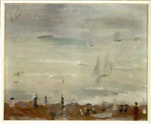 Na praia, Dieppe, impressão, mar cinzento (óleo sobre tela)