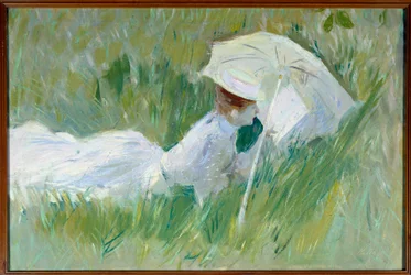 Retrato de Madame Helleu, esposa do pintor, na grama Pintura de Paul Cesar Helleu (1859-1927) antes de 1927, óleo sobre tela, Dim. 0,54x0,81 m Rouen, musee des Beaux Arts - Retrato de Madame Helleu, esposa da pintora, deitada na grama. Pintura b