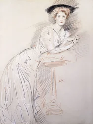 Retrato de Miss Taylor, apoiando-se em uma mesa,