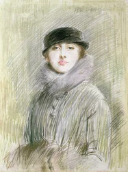 Retrato, de, um, senhora, com, um, gola pele, e, Muff, 20º século, (drawing)
