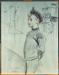 Retrato de um jovem rapaz de chapéu de marinheiro e pescoço de tartaruga, com navios ao fundo