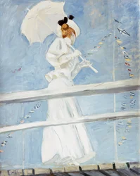 Mulher jovem, com, um, parasol, ligado, um, jetty