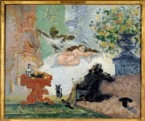 Uma Olympia moderna - Jovem mulher jaz nua na sua cama e a sua criada negra. Pintura de Paul Cézanne (1839-1906), 1873. 0,46 x 0,55 m. Paris, Musée d