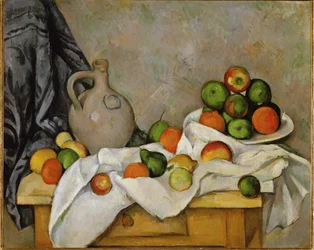 Cortina, jarro e taça de fruta (óleo sobre tela)