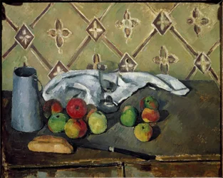 Frutas, guardanapos e caixa de leite - Óleo sobre tela