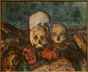 Três peles num tapete oriental Pintura de Paul Cezanne (1839-1906) 1898 Solothurn. Kunstmuseum. - Três caveiras sobre um tapete oriental. Pintura de Paul Cezanne (1839-1906)