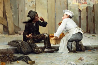 "O pequeno padeiro e o pequeno limpa-chaminés" As duas crianças estão a saborear bolos no passeio. O limpa-chaminés está coberto de fuligem, enquanto o padeiro está vestido de branco imaculado. Pintura de Paul Chocarne Moreau (Chocarne-Moreau) (1855