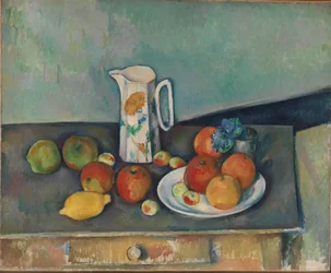 Francês: Nature morte, pot à lait et fruits sur une table Natureza morta, pote com leite e frutas sobre uma mesa (Nature morte, pot à lait et fruits sur une table)