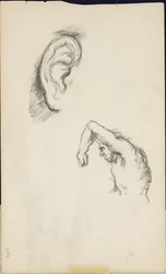 Estudos após Luca Signorelli: uma orelha e uma figura de homem, c.1877-80
