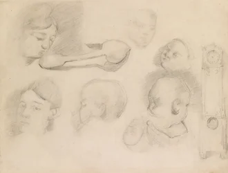 Estudos de uma cabeça de criança, uma cabeça de mulher, uma colher e um relógio de caixa longa, c1872