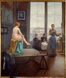 Oficina para jovens pintoras Um modelo posa para jovens pintoras. Pintura de Paul Duthoit (fez em 1858-?) 1896 Dim. 1,20 x 1,04 m Pau, museu de Belas Artes
