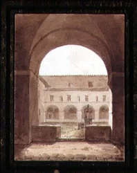 Vista de um Claustro com um Poço (aguarela sépia sobre papel)