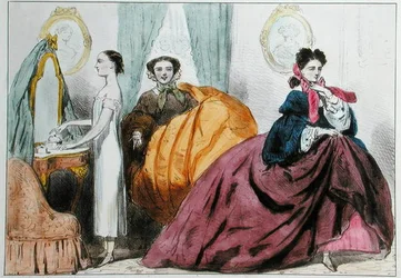 Desenho animado satirizando a moda da crinolina, c.1860 (cor litho)