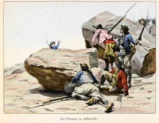 Chouannerie: Les Chouans en ambuscade, final do século XVIII - Ilustração de Emile Boutigny (1853-1929) Em "Hoche-Marceau-Desaix" de Theodore Cahu (1854-1928) - Coleção particular - Chouannerie: Ilustração de Emile Boutigny (1853-1929) para "Hoche-Marcea