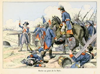Hoche au pont de la Dyle: Em março de 1793, cobrindo o retiro na passagem do Dyle em frente a Leuven (Bélgica), Lazare Hoche (1768-1797) lutou contra os austríacos - ilustração de Emile Boutigny (1853-1929) Em "Hoche-Marceau-Desaix" de Theodore