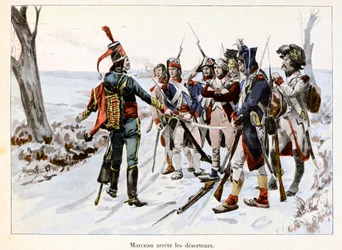 Marceau arrete des deserteurs: François-Severin Desgraviers Marceau (1769-1796) detém os soldados do exército republicano no Vendee (85) - Ilustração de Emile Boutigny (1853-1929) Em "Hoche-Marceau-Desaix" de Theodore Cahu (1854-1928) - Col
