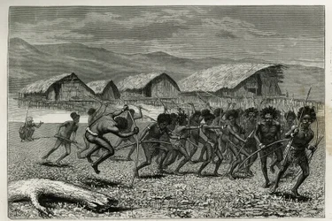 Descida dos guerreiros Papus Arfaks em Dorey (Nova Guiné Ocidental), gravada por E.Mesples, para ilustrar a viagem à Nova Guiné por Achille Raffray, encarregado de uma missão científica pelo Ministério da Educação Pública, em 1876-1877, publicada no tour d