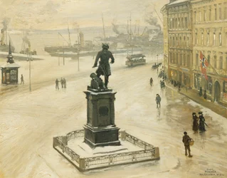 A estátua de Tordenskiold, de frente para Piperviken, porto de Oslo, 1906