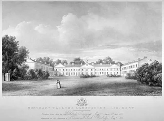 Vista dos Almshouses dos comerciantes Taylors na Lee High Road, Lewisham, Londres, 1826.