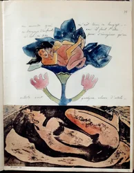 Álbum Noa (ou Noa Noa) do pintor Paul Gauguin (1848-1903): fólio 75. Em cima, desenho em aguarela, pena e tinta representando um casal durante a relação sexual e, em baixo, gravura com realces de aguarela de uma mulher adormecida. Cerca de 1893