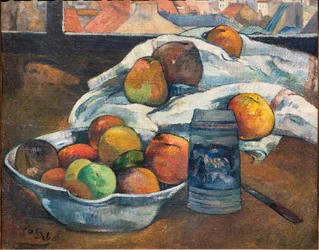 Tigela de frutas e uma caneca diante de uma janela, c.1890 (óleo sobre tela)