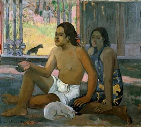 Eiaha Ohipa (Não trabalhar. Tahitianos numa sala). Homem e mulher do Taiti fazendo uma pose dentro de uma casa. A seus pés, um gato branco está dormindo. Pintura de Paul Gauguin (1848-1903)