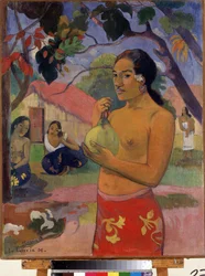 "Eu haere ia oe" (Mulher a segurar uma fruta. Onde vais?) Pintura de Paul gauguin (1848-1903). Óleo sobre tela. O pós-timpressionismo. 1893. Dim. 92 x 73 cm Museu Hermitage, São Petersburgo (São Petersburgo)