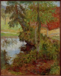 Paisagem com um telhado vermelho