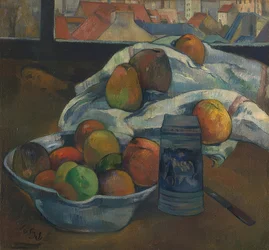 Fruteira e jarro na frente de uma janela. Provavelmente 1890