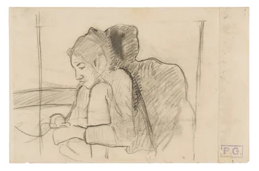 Mulher taitiana sentada (reto), esboços de galos e galinhas (verso)