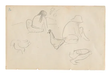 Esboços de Figuras Sentadas e Galinhas (reto), Torso Feminino Nu (relacionado à pintura Te a no areois [A Semente do Areoi]) (verso), do Carnet de Tahiti (caderno de desenho taitiano)