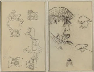 Estudos de jarros e vasos; Um homem de bigode e um menino de chapéu [reto]